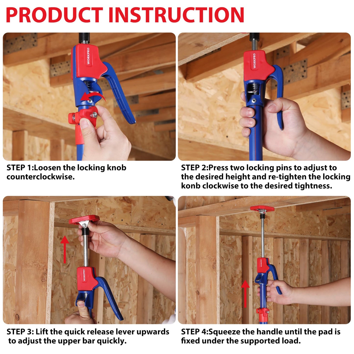 WORKPRO Cabinet Jack Support Pole, 54-114 Inches Steel Telescopic Quick Support Rod Adjustable 3rd Hand Support System with 154 lbs Capacity for Cabinet Jack, Drywall Jack& Cargo Bars, 4-Pack