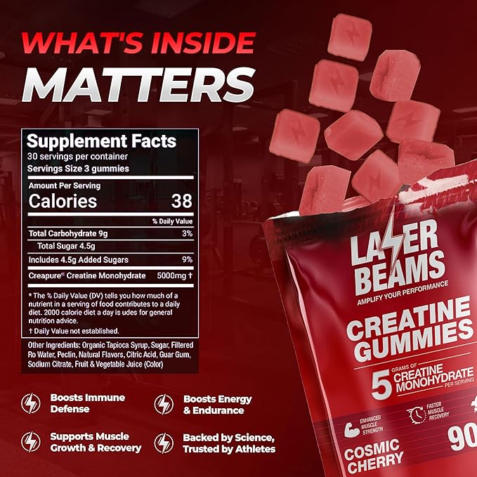 Creatine Monohydrate Gummies for Women & Men - 5g Creapure Creatine per Serving - Vegan, Cosmic Cherry Flavor - Boost Muscle Strength, Endurance, Recovery & Mental Focus (90 Gummies)
