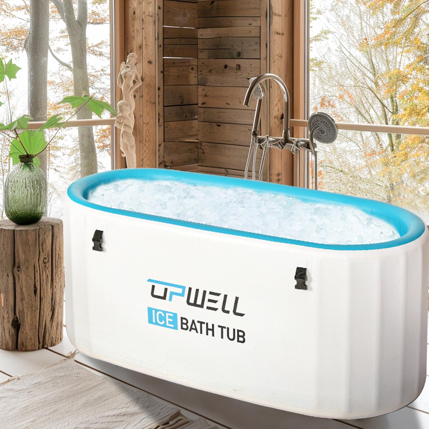 UPWELL Cold Plunge Tub Large Portable Oval Inflatable Ice Bath Tub with Cover for Cold Water Athletes Large Baths for Therapy Recovery at Home or Outdoors Ice Plunge Blue and White