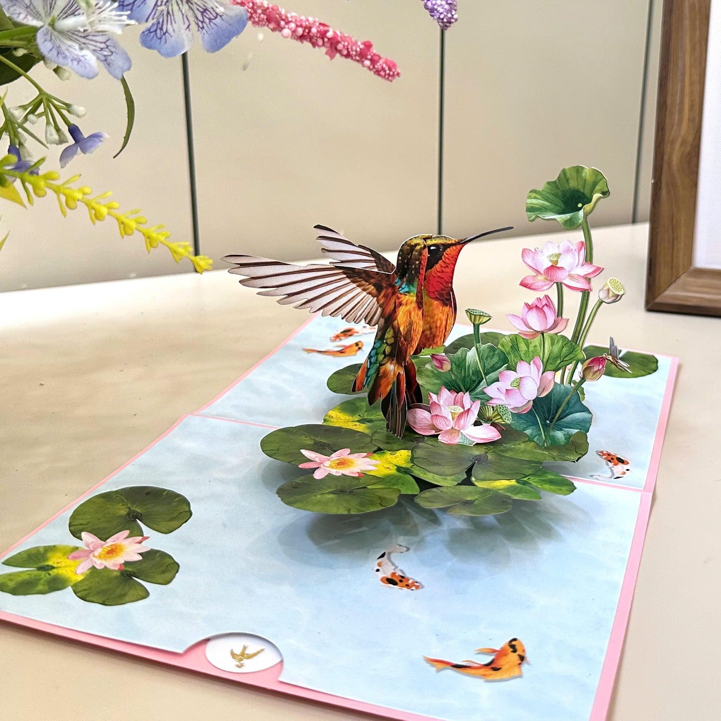 Pop Up Birthday Cards for Women, Hummingbird 3D Birthday Card, Beautiful Hummingbird and Lotus with Koi Fish Design, Pop Up Cards All Occasion for Mother, Mom, Her, Granmother and Daughter, Mothers Day Card