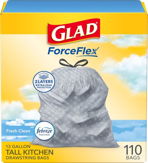 Glad Tall Kitchen Drawstring Trash Bags - Odorshield 13 Gallon White Bags with Febreze Fresh Clean | 110 Count