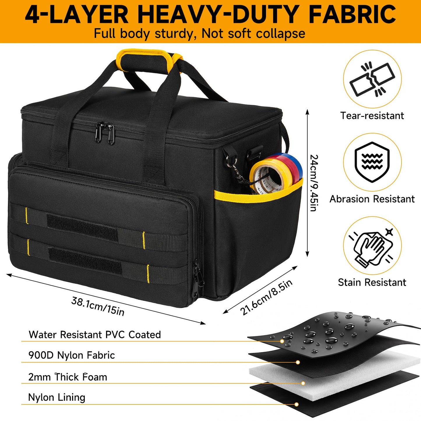 Tool Bag 15 Inch,Heavy Duty Tool Organizer,Tactical Range Tool Tote,30 Pockets & Anti-Friction Bottom,Water-Resistant,Tool Box for Him Dad Men,Electrician,Carpenter,Repairman,Ideal Gift for Father
