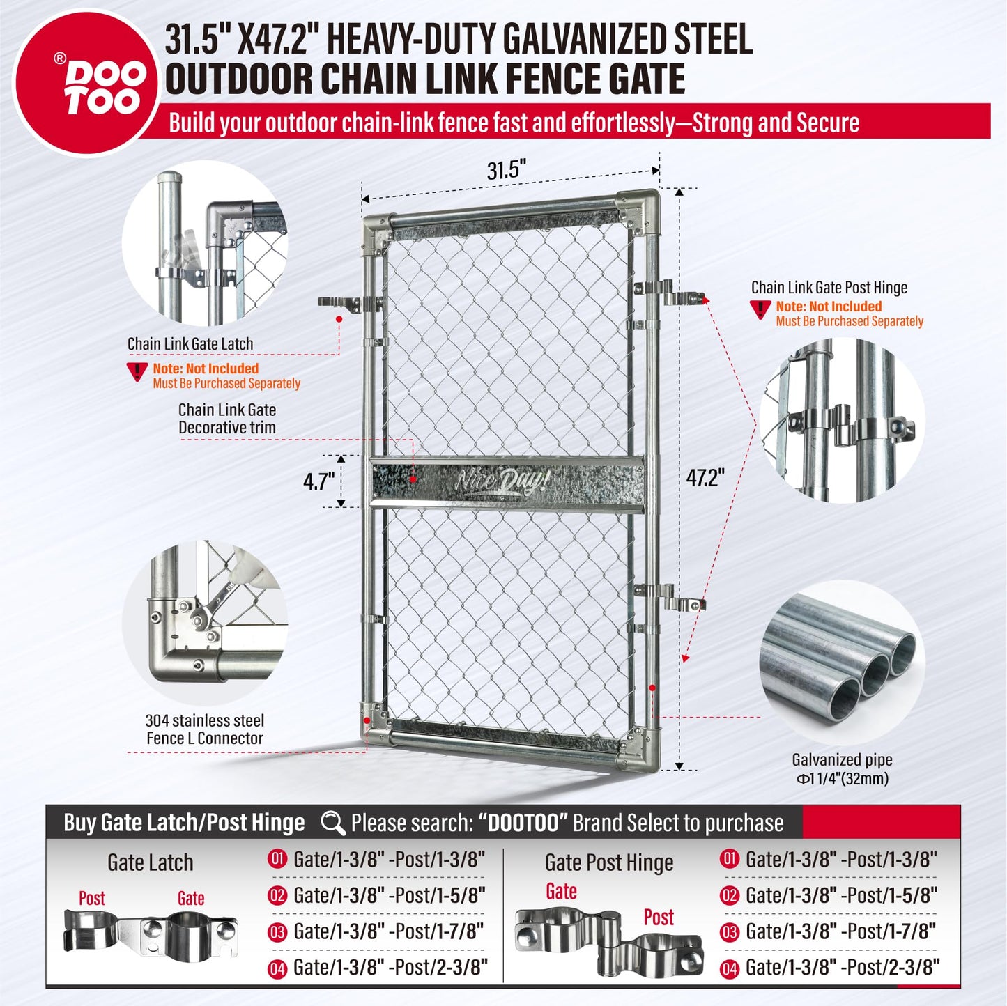 DooToo 3x4FT(31.5"W x 47.2"H) Heavy Duty Galvanized Steel Chain Link Gate, Durable Outdoor Fence Gate Easy Installation for Backyard丨Garden丨Pet Yard
