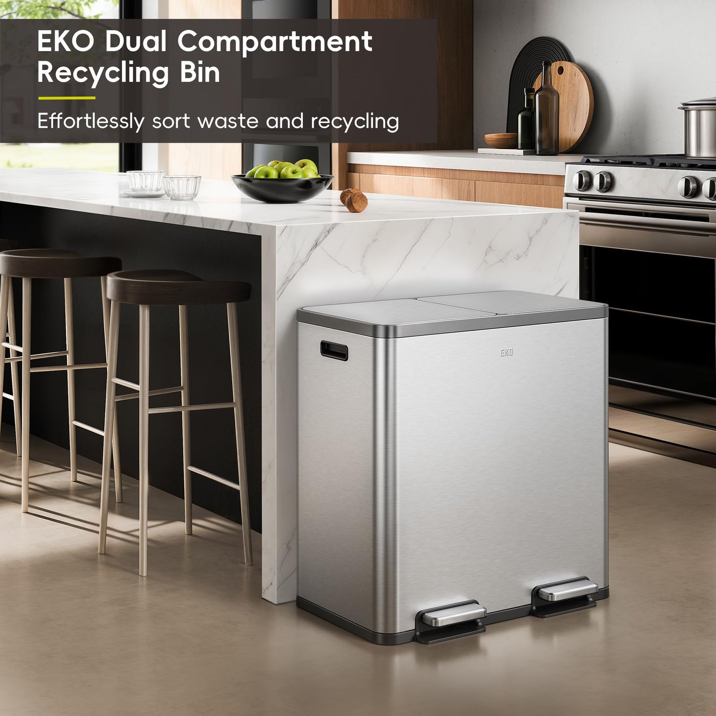 EKO EcoCasa Plus 2 x 10.6 Gal Dual Recycling Trash Can for Kitchen, Large Stainless Steel Step-On Garbage Can with Soft-Close Lids, Odor-Proof and Fingerprint-Resistant, Removable Buckets with Handles