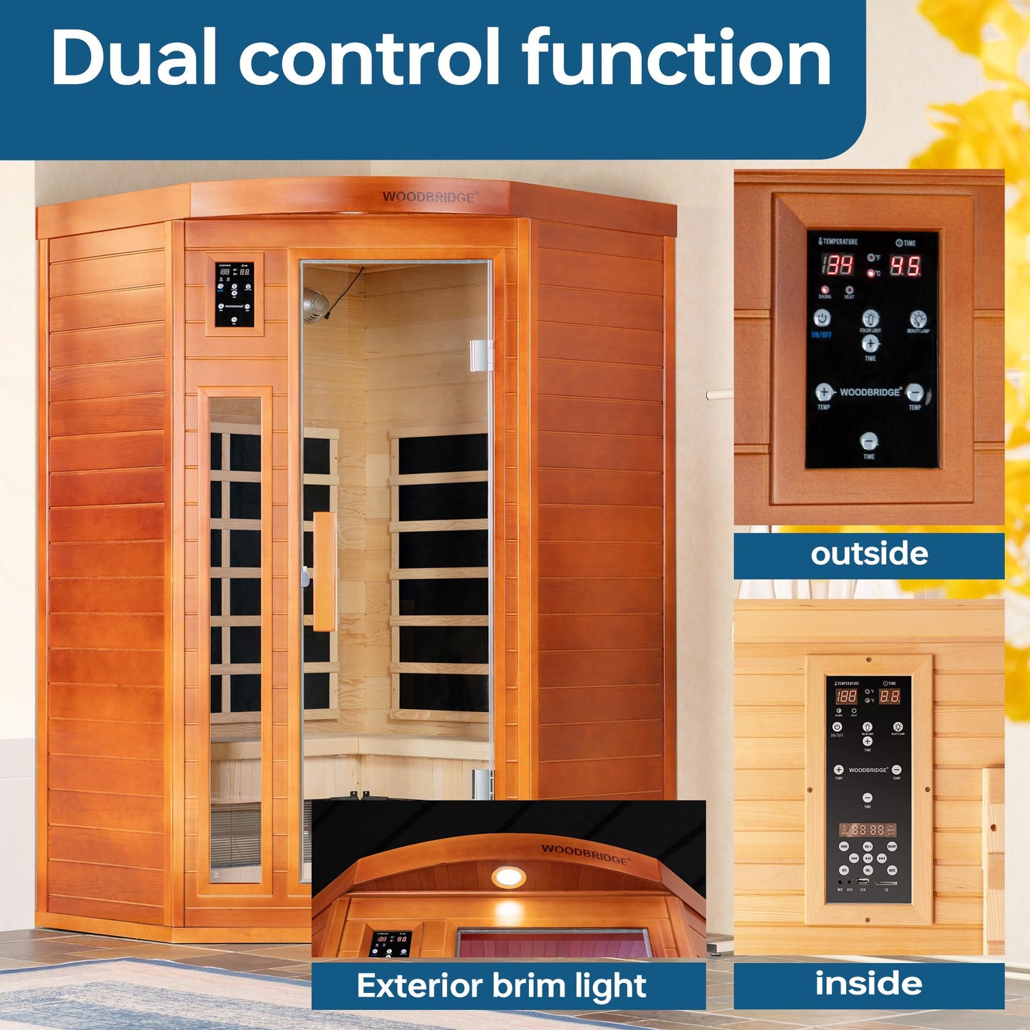 WOODBRIDGE Infrared Sauna Room 2 Person Japanese Cedar Indoor Corner Sauna with 7 Carbon Heaters, Red Light Therapy,Bluetooth Speaker,Intelligent Dual Control System,Tempered Glass,Exterior Brim Light