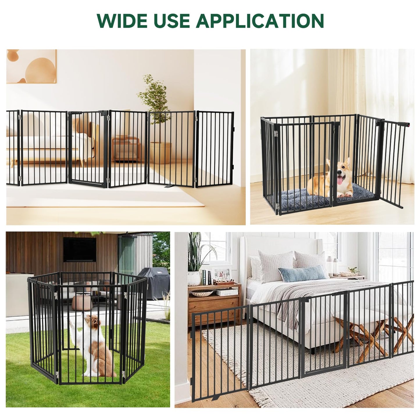 Snagle Paw Full Metal Freestanding Dog Gate with Door, 120” W x 32” H Pet Gate with Support Feet for Doorways, Stairs and Hallways, Portable Dog Fence for Indoor Use (32" 6 Panel, Black)