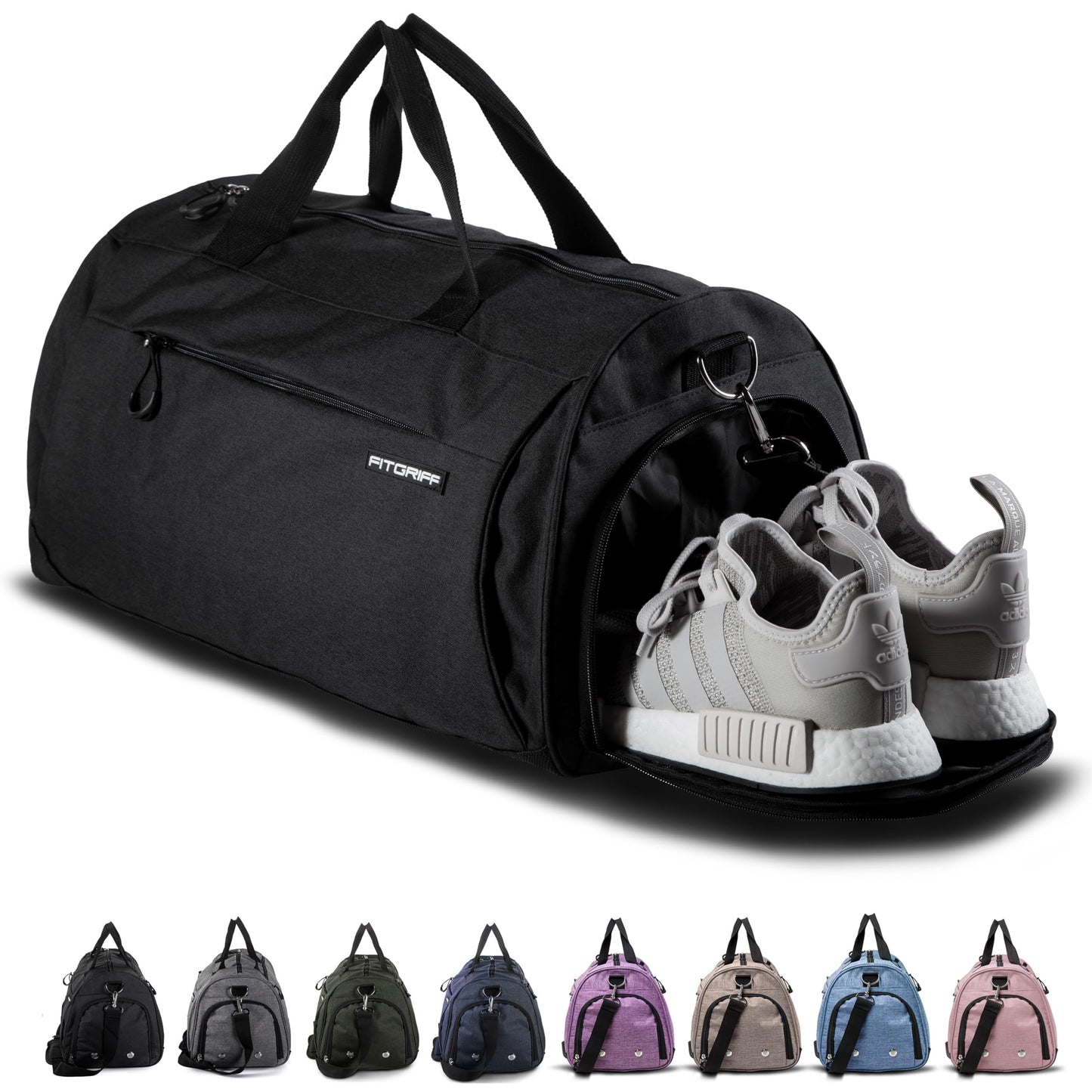 Fitgriff® Gym Bag for Men & Women with Shoe & Wet Compartment - Duffle Bag for Travel, Sports, Fitness & Workout (Full Black, 19 x 10 x 10″ (Small))