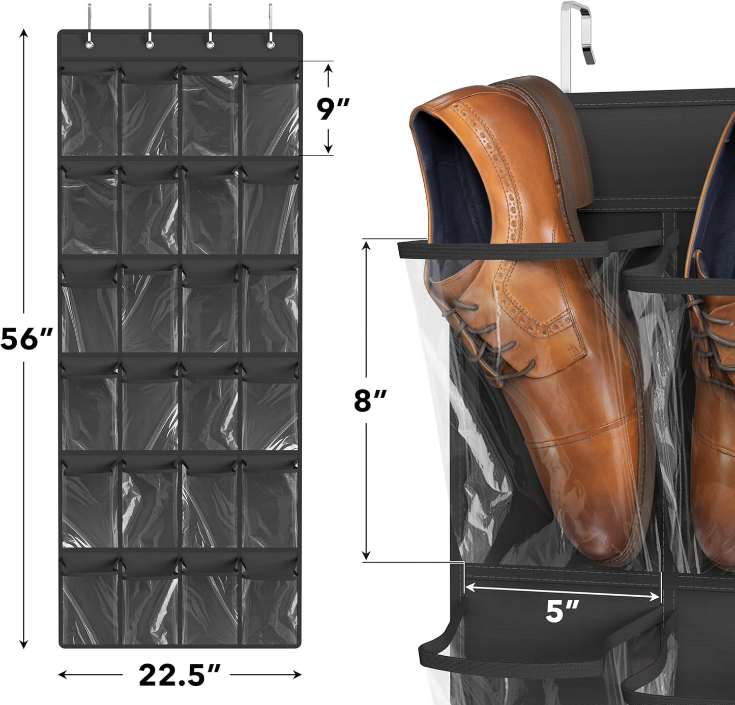 Simple Houseware 24-Pocket Over The Door Hanging Shoe Organizer - Large Clear Pockets, Dark Gray (56" x 22.5")