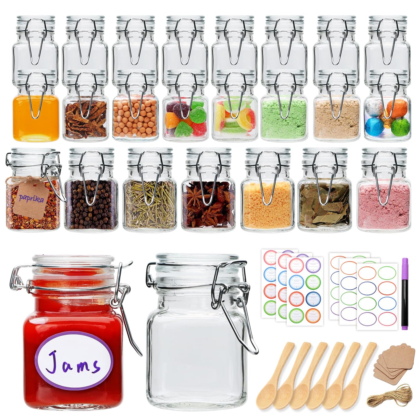 Brajttt 4 oz Spice Jars with Labels,25 Pack Small Glass Jars with Lids,Small Glass Containers with Airtight Hinged Lid for Home Kitchen, Arts & Crafts Projects, Spices, Decoration, Snack Foods