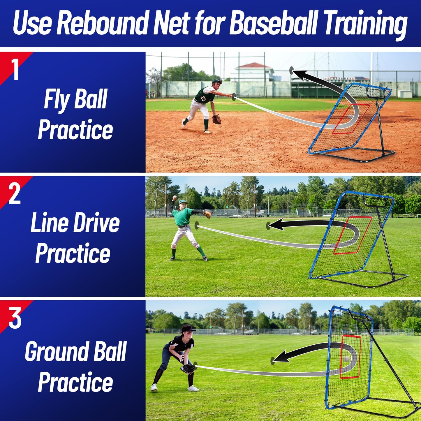 SPOYNAL Baseball Rebounder Net 4 x 4.5 FT Baseball Training Equipment Base Ball Bounce Back Net with 5 Return Angles Softball Pitching Net Fly Ball Line Drive Ground Ball Training Net for Fielding