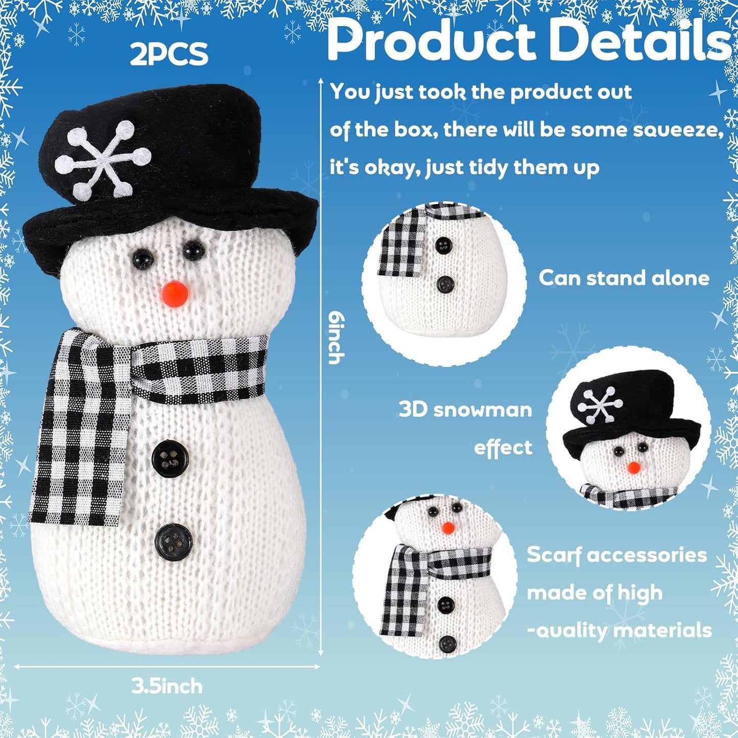 SmoothNovelty Snowman Plush Toys - 6'' Winter Figurines with Checkered Scarf | Holiday Table Decor