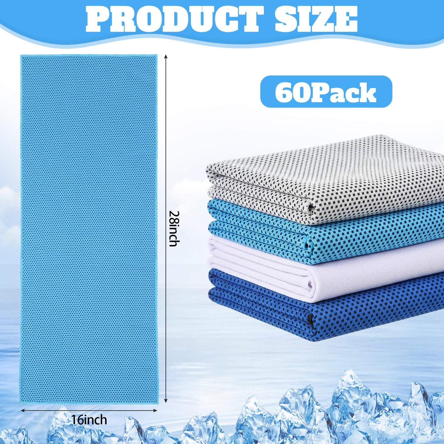 Honoson 60 Pcs Cooling Towel Bulk - 28" x 16" Neck & Face Cool Chilly Towels Microfiber Breathable Sport Sweat Rag for Gym, Yoga, Travel, Camping, Running, Outdoor(Gray Blue White)