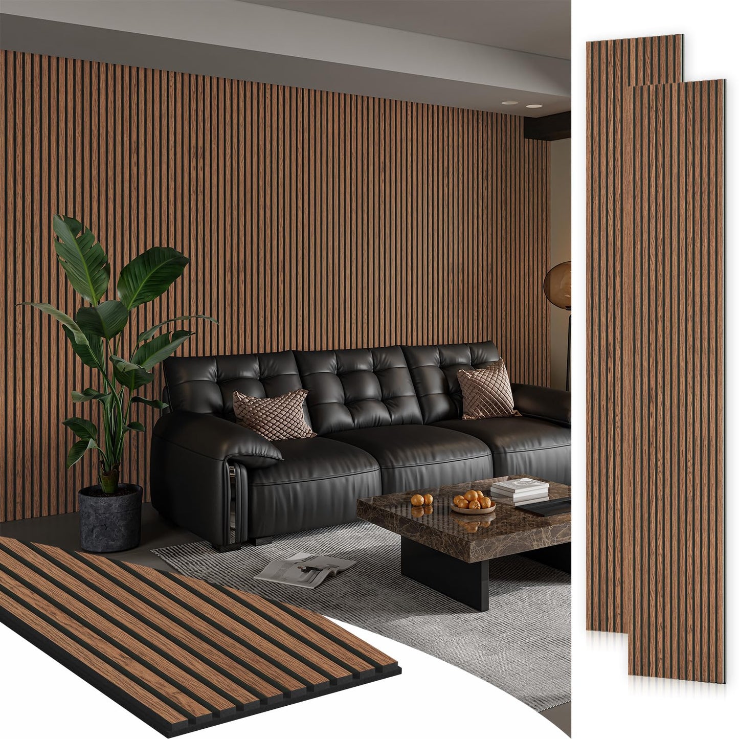 Smartstandard 2 Pack 105.9" x 12.6" Wood Slat Wall Panels, Soundproof Wooden Wall Panels, 3D Fluted Wood Panels for Interior Wall Decor, Classic Brown