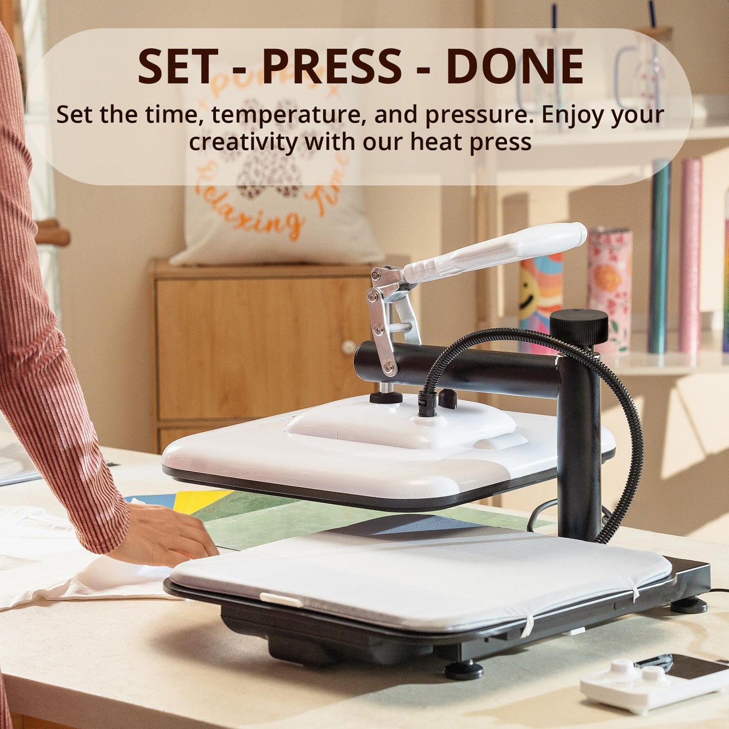 HTVRONT 15x15 Heat Press Machine, 3pcs Teflon Sheets, 2 Rolls HTV Vinyl, Tshirt Ruler Guide