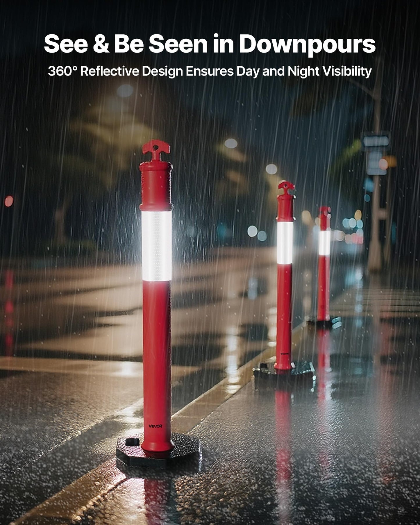 VEVOR 6 Pack Traffic Delineator Posts, 45 inches Traffic Safety Cones with Weighted Base and Reflective Strips, Heavy Duty Delineator Posts for Construction Site, Parking Lot, Crowd Control, Red