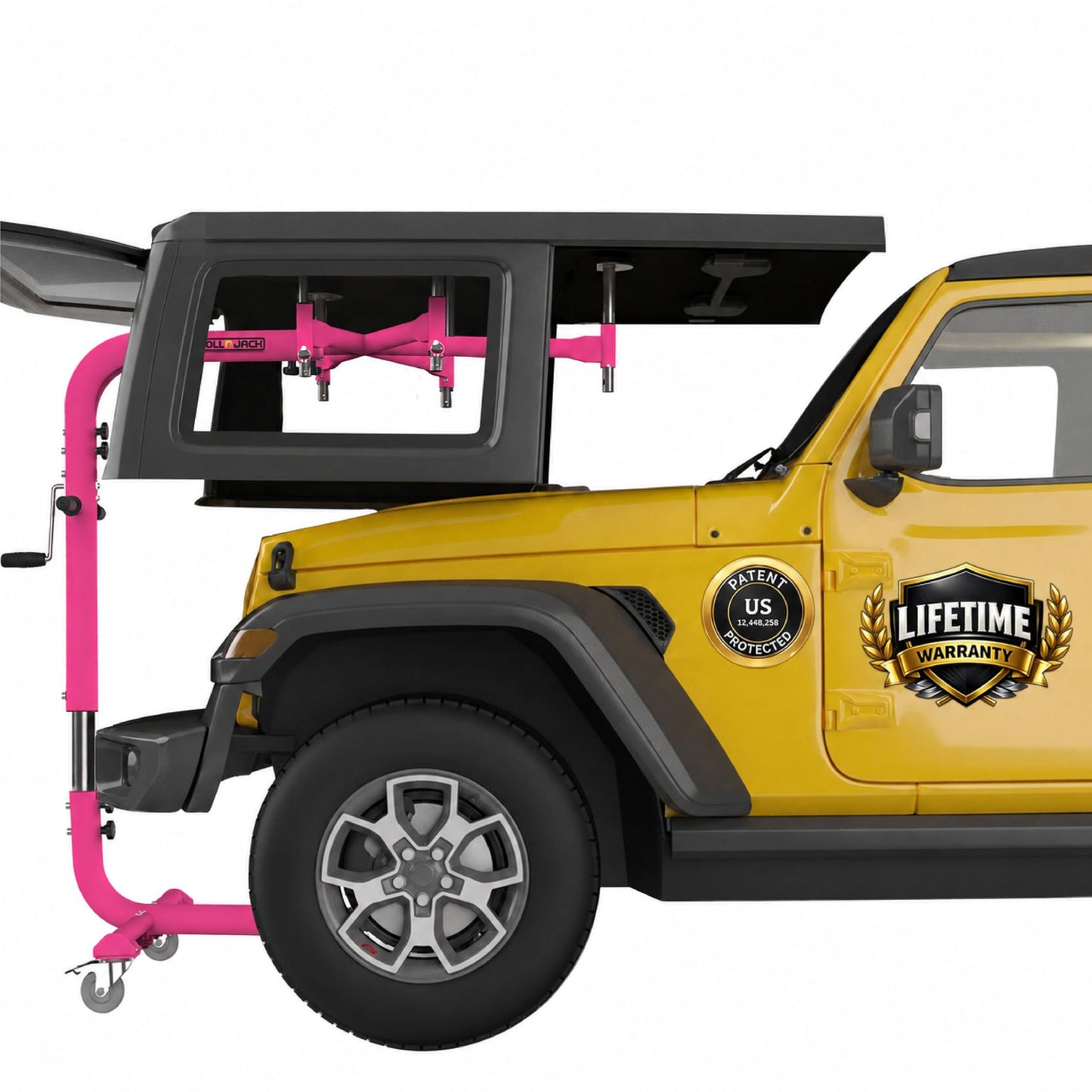 Hard Top Remover Lift for Jeep Wranglers: 1997-to-Present JK JKU JL JLU TJ CJ, 2&4 Door Lifted Jeeps, 4 Door Bronco. Easy Assembly. One Person System. Hardtop Removal/Installation in Minutes. Patented