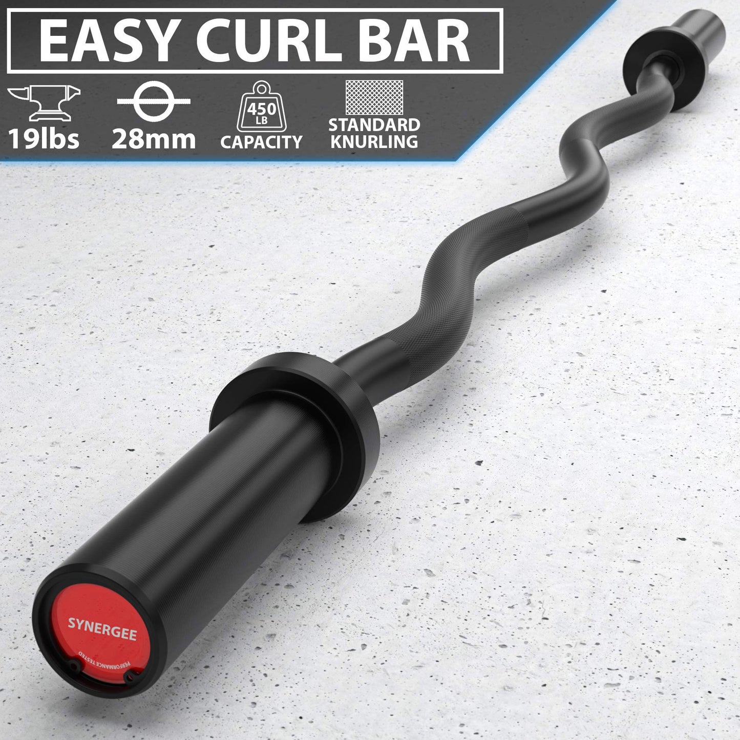 Synergee Commercial EZ Curl Olympic Bar Black Phosphate with Powder Coated Brass Bushings Excellent for Bicep Curls and Triceps Extensions