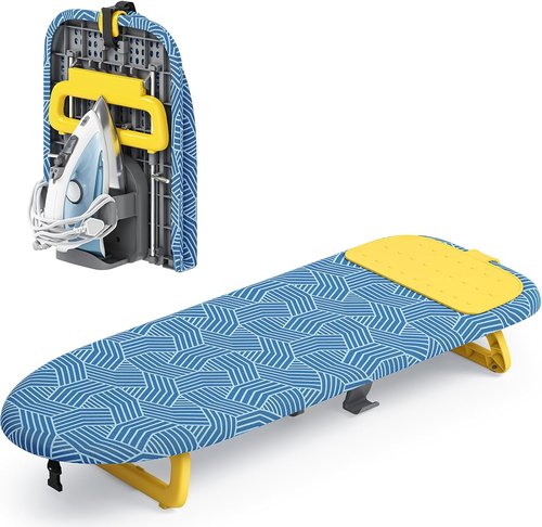 KINGBOARD Mini Ironing Board - Foldable Tabletop Design with Iron Holder | Compact 12x32 Blue for Easy Travel & Dorm Storage