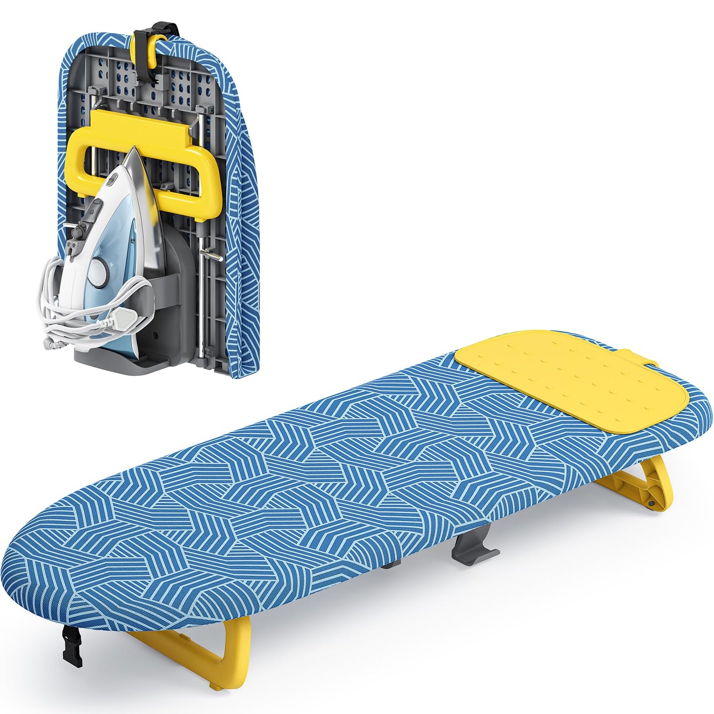 KINGBOARD Tabletop Ironing Board, Small Ironing Board with Iron Holder, Foldable Mini Iron Board, Easy Storage for Travel & Dorm, 12x32 Blue