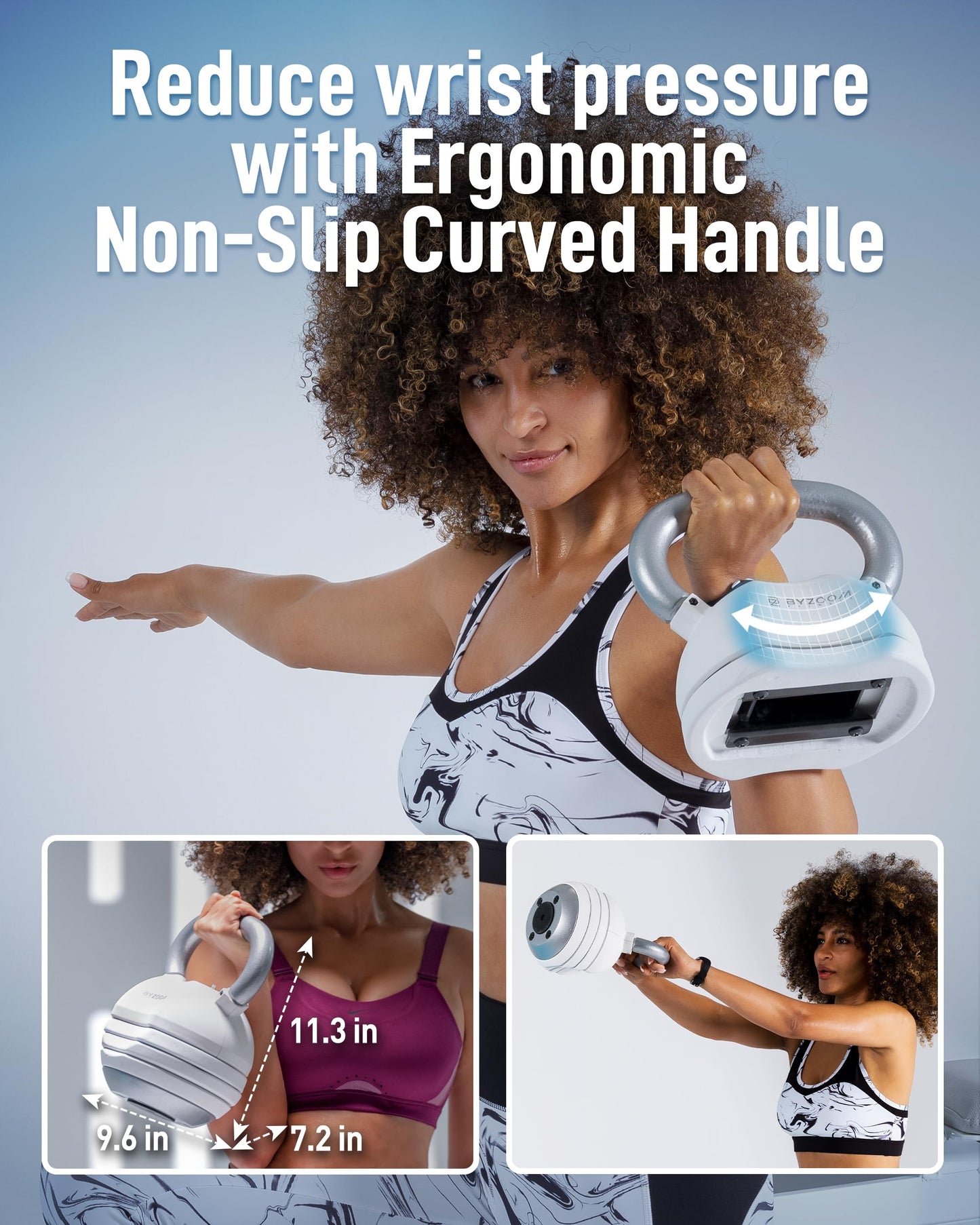 BYZOOM FITNESS Pure Series Adjustable Kettlebell 30LB - 5-IN-1 Weight Change, Patented Quick-Change Machenism, Ergonomic Curved Handle for Home Gym, Strength Training, HIIT, White