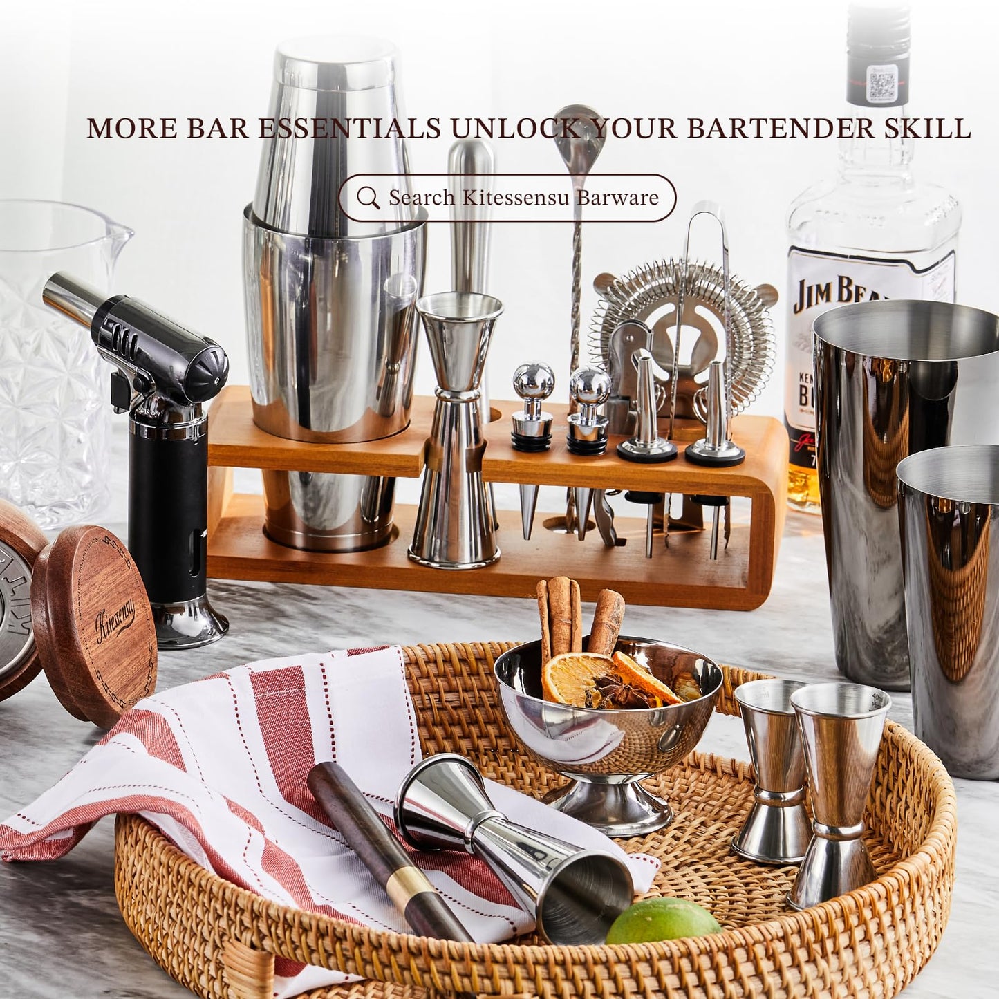 KITESSENSU Cocktail Shaker Set Bartender Kit with Stand | Bar Set Drink Mixer Set with All Essential Bar Accessory Tools: Martini Shaker, Jigger, Strainer, Mixer Spoon, Muddler, Liquor Pourers | Black