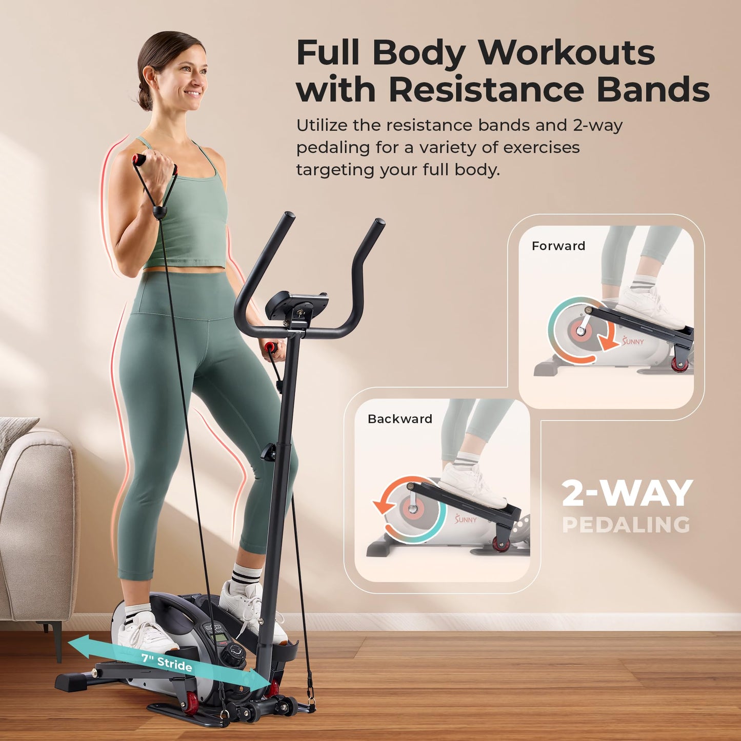 Sunny Health & Fitness Smart Compact Elliptical Cross Trainer with Handlebar and Exercise Bands, Magnetic Resistance, Senior Home Workout Machine, Free SunnyFit App Bluetooth Connectivity - SF-E323057