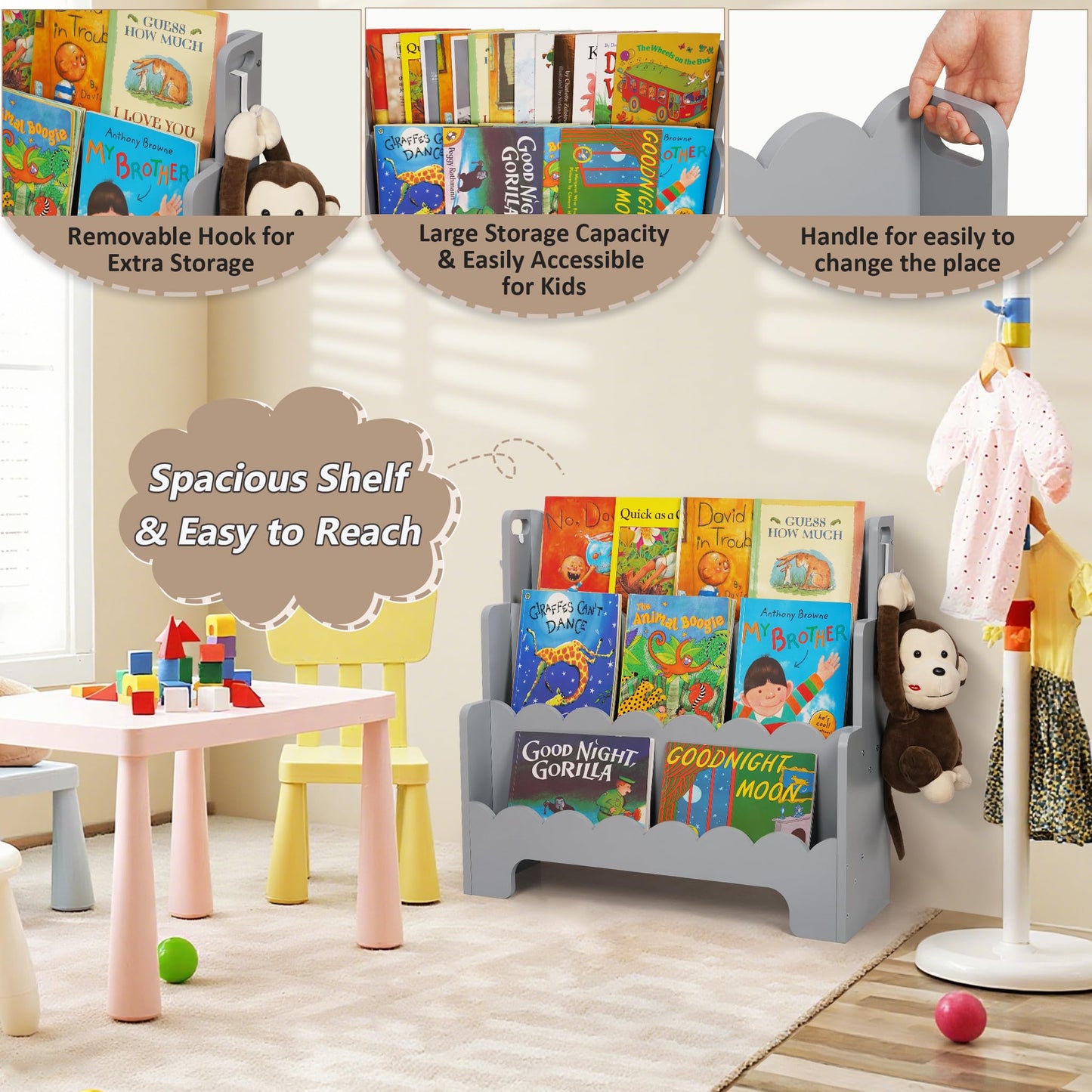 Tohiasen Kids Bookshelf Wooden 3-Tier, Scalloped Book Shelf for Kids Rooms, Front Facing Toddler Montessori Bookshelf, Baby Nursery Book Shelves Kid Classroom Book Shelf Bookcase