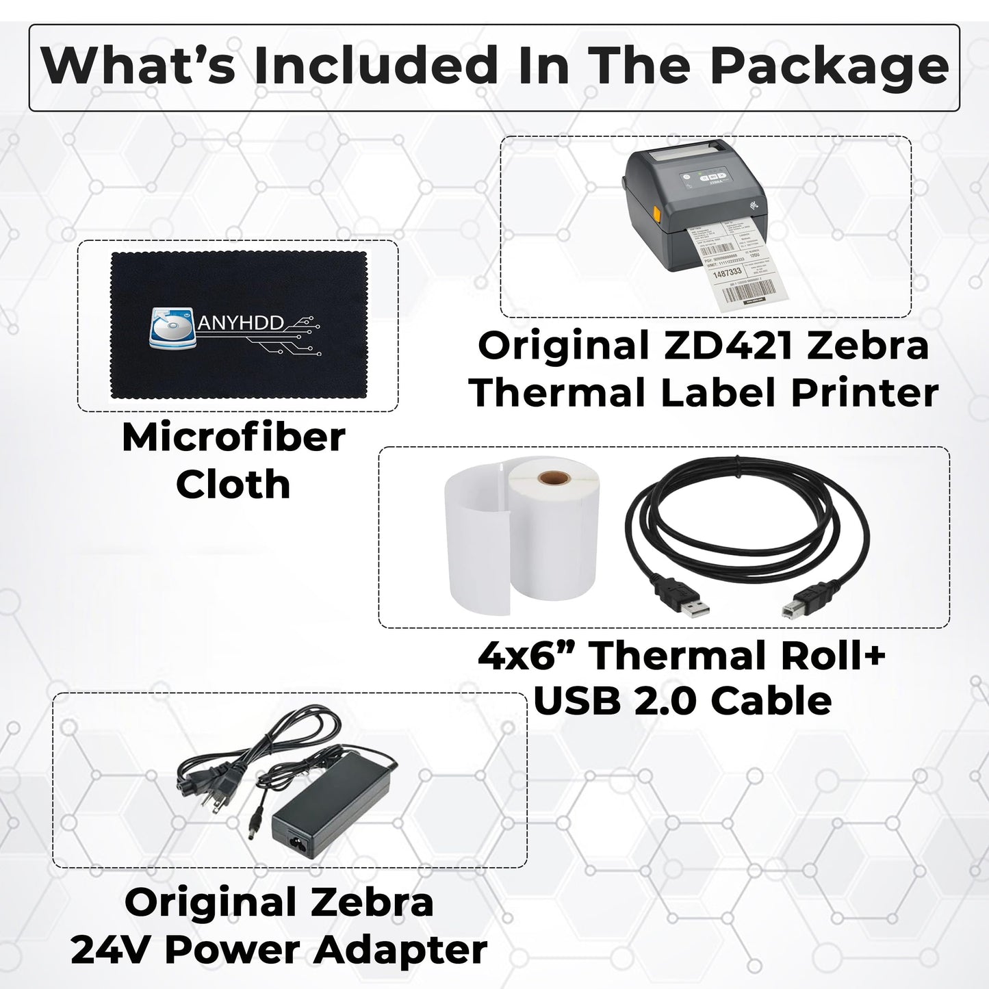 Zebra ZD421 (ZD4A042-D01M00EZ) USB/Bluetooth - Zebra GK420d Replacement, Direct Thermal Label Printer 203 dpi with 4x6 Thermal Roll + Power Adapter + USB 2.0 Cable + Microfiber Cloth Included