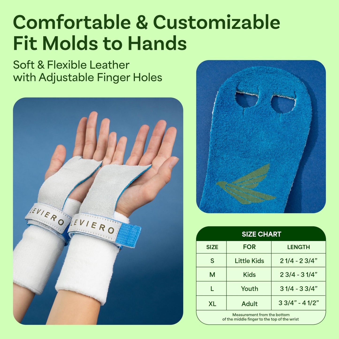 LEVIERO Palmies Gymnastics Grips, Grips for Gymnastics, Multipurpose Soft Leather Grips with Adjustable Finger Holes, Weightlifting, Kettlebell, Cross Training Workouts for All Ages - (Aqua, Small)