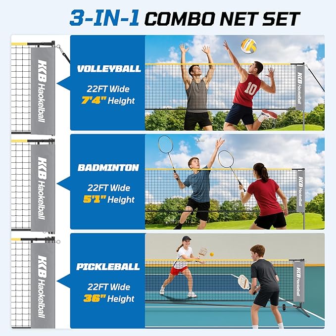 Haokelball Badminton Volleyball Pickleball Net Set, 22FT Portable All-in-One Nets System for Outdoor Beach Indoor with Adjustable Height, Includes Balls Rackets Pump Carry Bag