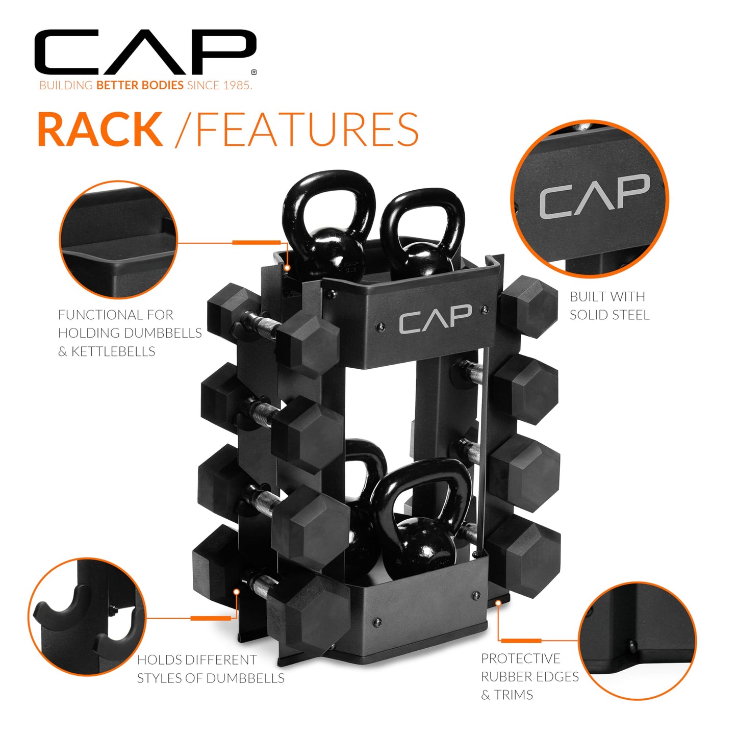 CAP Barbell Dumbbell and Kettlebell Storage Rack - Compact Weight Storage for Home Gym