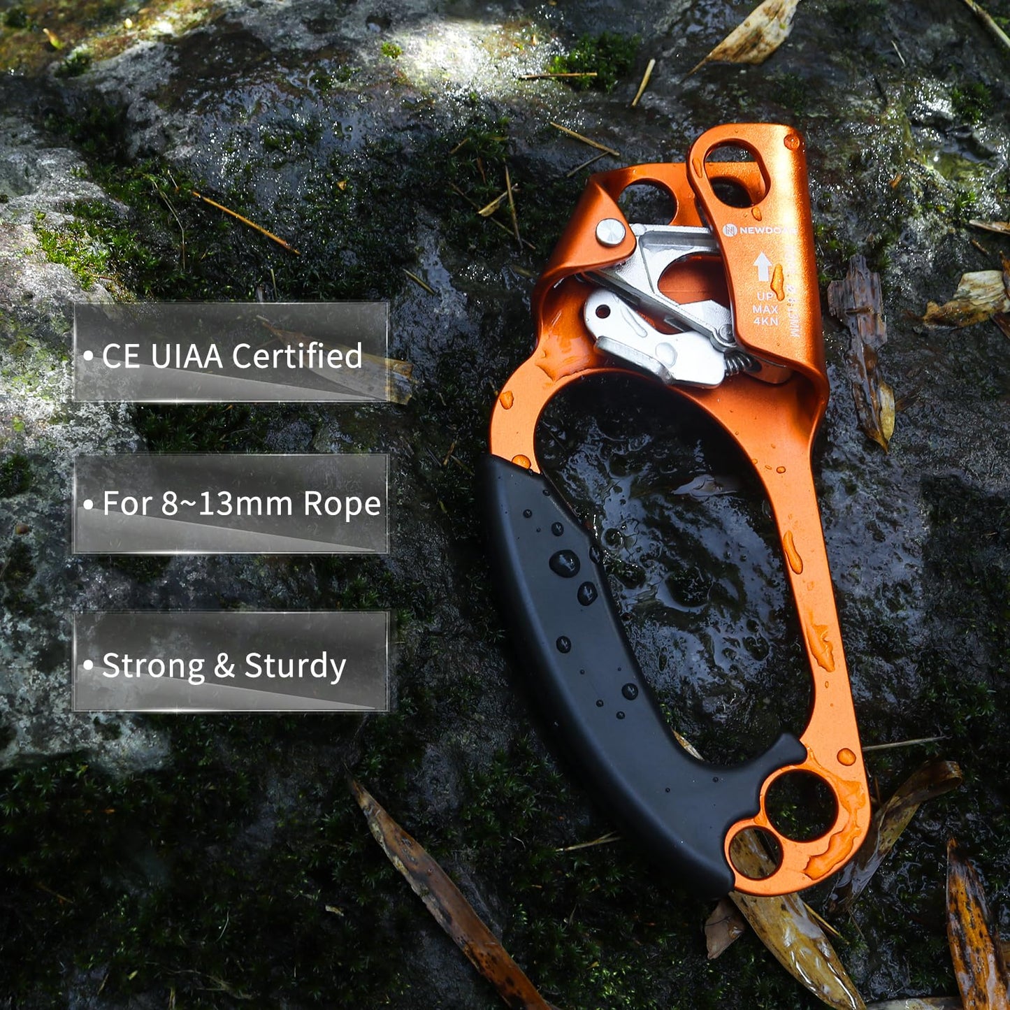 NewDoar Left Hand Ascender Rock Climbing Tree Arborist Rappelling Gear Equipment CE Certified Rope Clamp for 8~13MM Rope(Orange-Left)