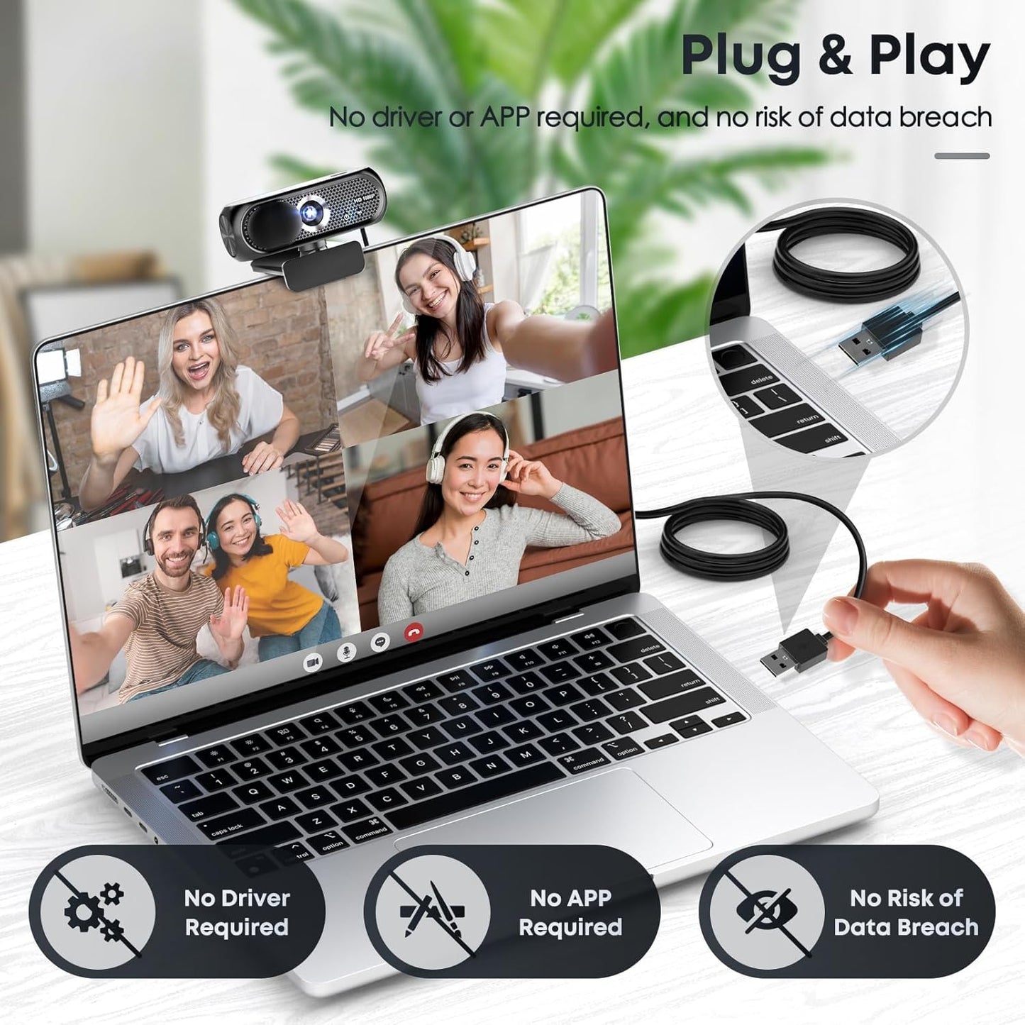 Shcngqio 2K Webcam with Microphone, Privacy Cover, Wide-Angle Lens, Auto Light Correction, Plug & Play USB Webcam