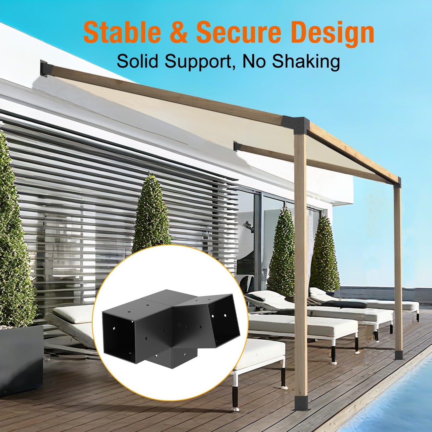 Eapele 6PCS 15° Slanted Roof Pergola Brackets, 3-Way Roof Wall Mount Extension Pergola Kit, Angled Wood Post Base Bracket,Patio Pergolas, Log Cabin