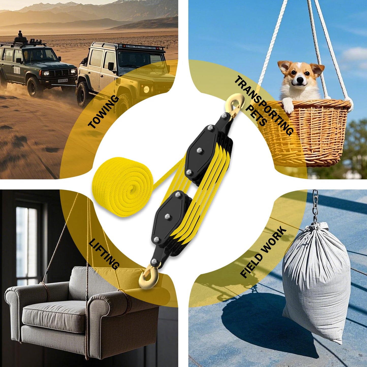 YATOINTO Rope Hoist Pulley System, 4400LB Pulley Block and Tackle, 8:1 Ratio Lifting Power 65ft, Heavy Duty Pulley Block for Hunting Lifting Heavy Objects Garage Warehouses Building (Yellow)