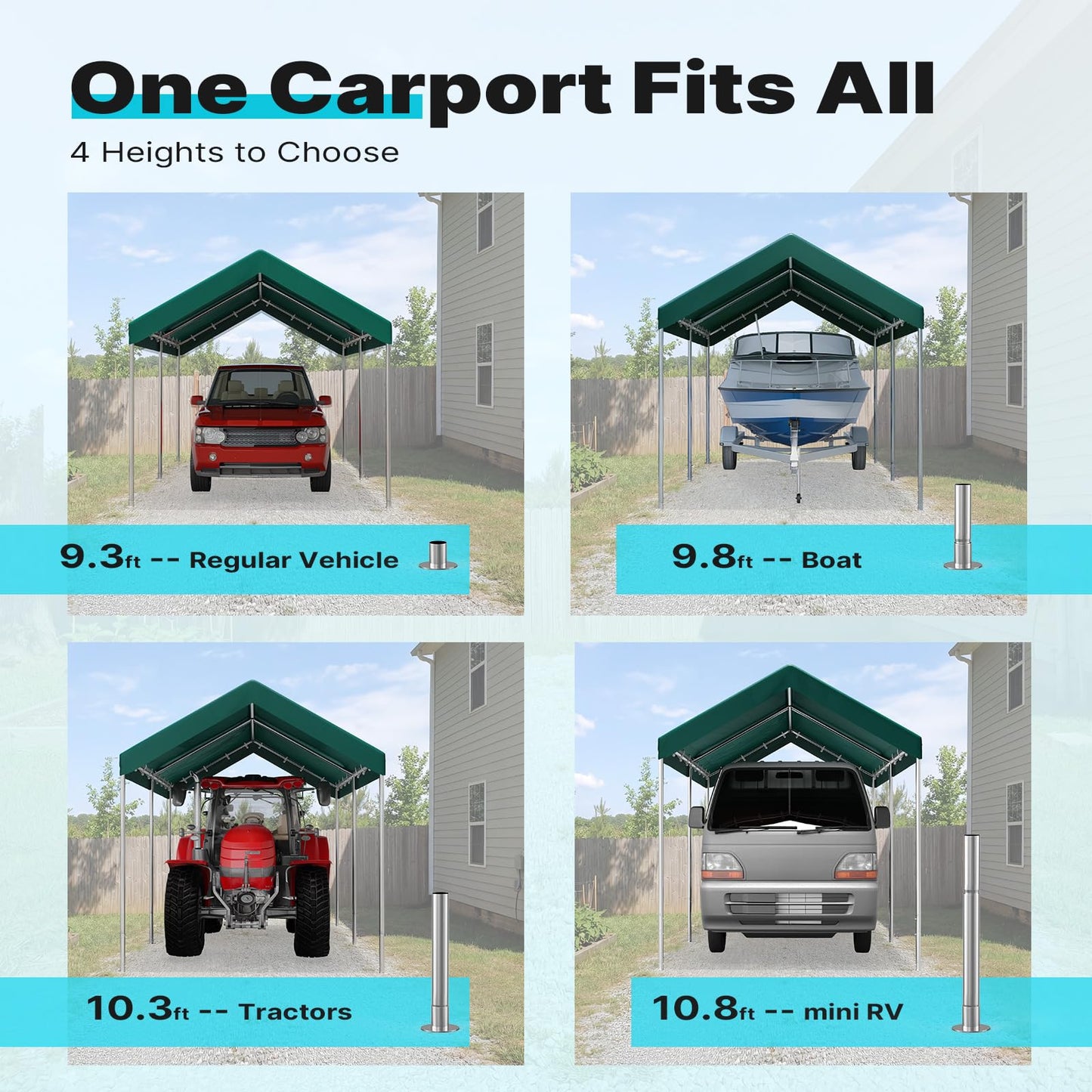 ADVANCE OUTDOOR 10x15 ft Heavy Duty Carport Potable Car Canopy Garage Party Tent Boat Shelter, Adjustable Height from 9.5 ft to 11 ft, Green