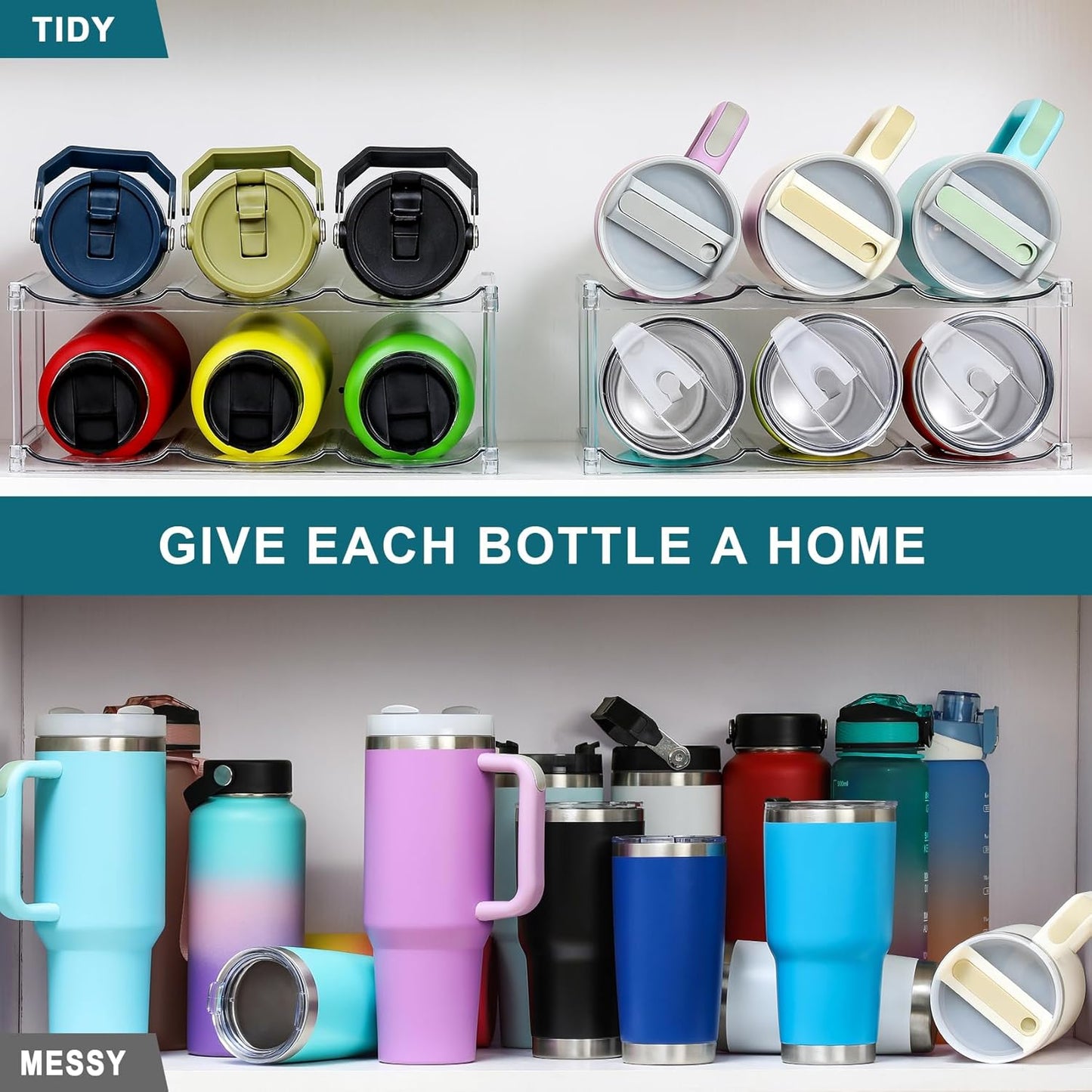 Skiennix Stackable Water Bottle Organizer - Holds 6 Large Tumblers | Clear Design for Cabinets & Counters