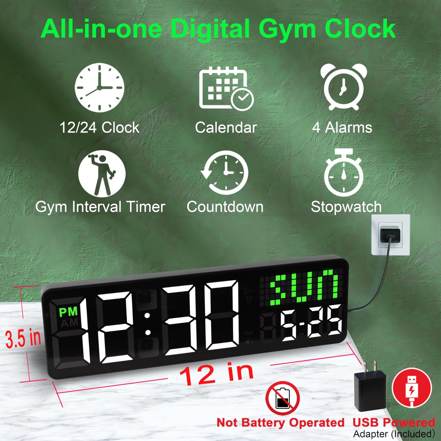 LUCORB Gym Clock with Seconds, 12" Digital Wall Timer Clock for Home Gym, Remote Interval Timer with Tabata HIIT Countdown, Voice Prompt | 5 Display Modes | 4 Training Alarms