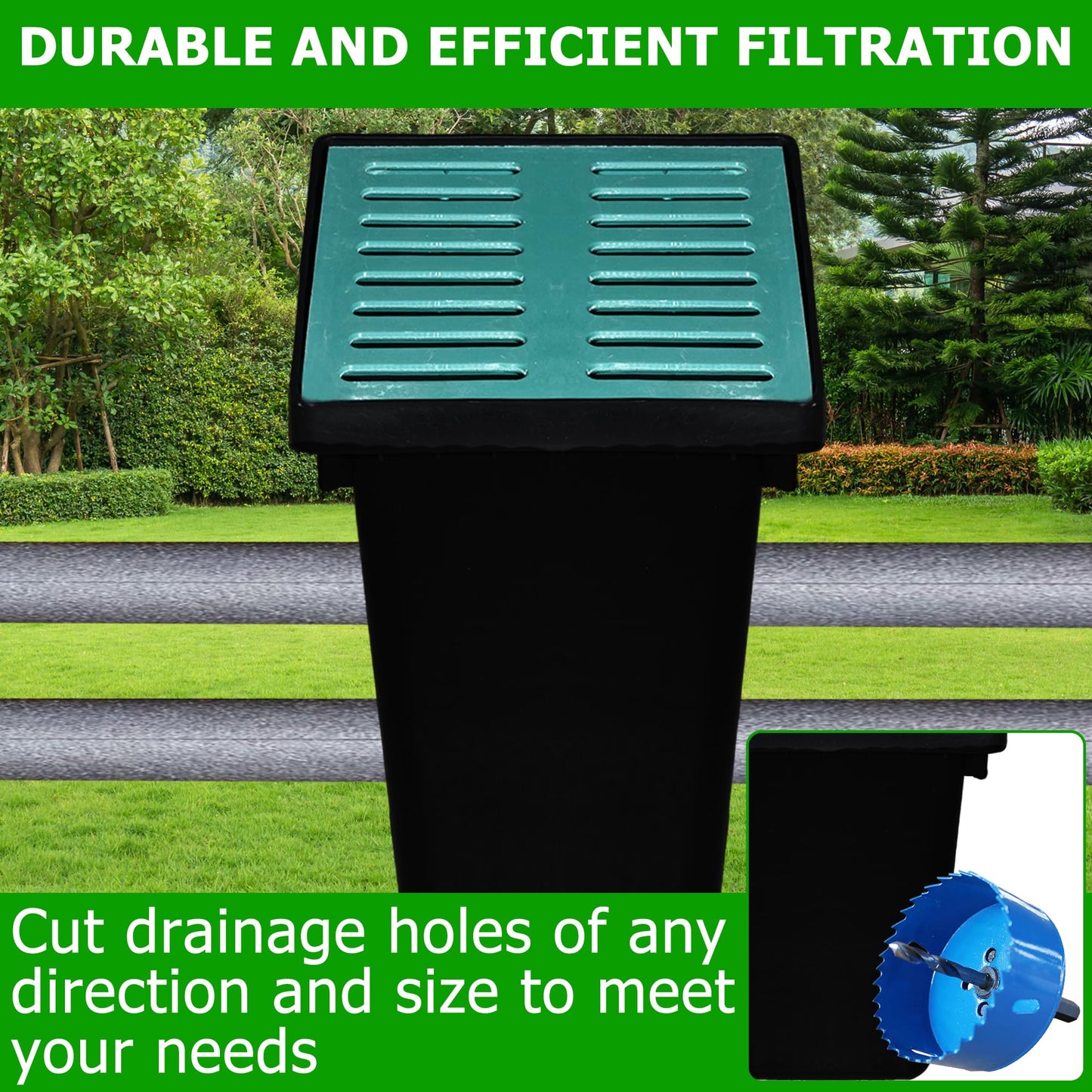 18x18x24 in Large Catch Basin for Drainage with Debris Basket,Catch Basin with Fiber Glass Grate,French Drain Catch Basin Without pre drilled Holes are Suitable for courtyards, downspouts, lawns
