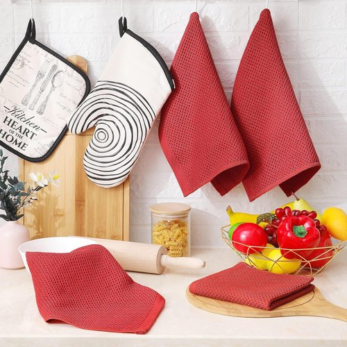 Homaxy Kitchen Dish Cloths - Ultra Soft 100% Cotton Waffle Weave, Quick Drying, 12 x 12 Inches, 6-Pack, Brick Red