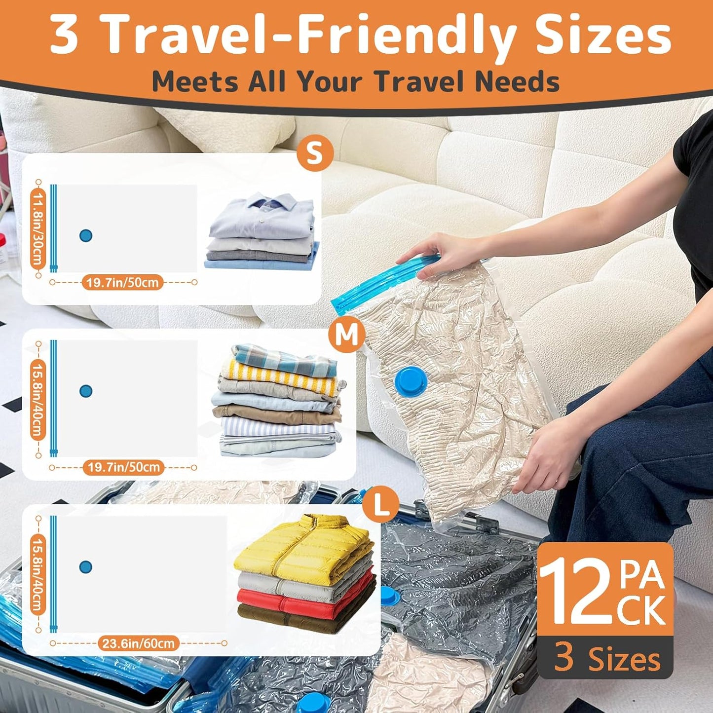 Skiennix Travel Vacuum Bags - 12 Pack Compression Bags with Rechargeable Mini Pump for Luggage & Suitcase