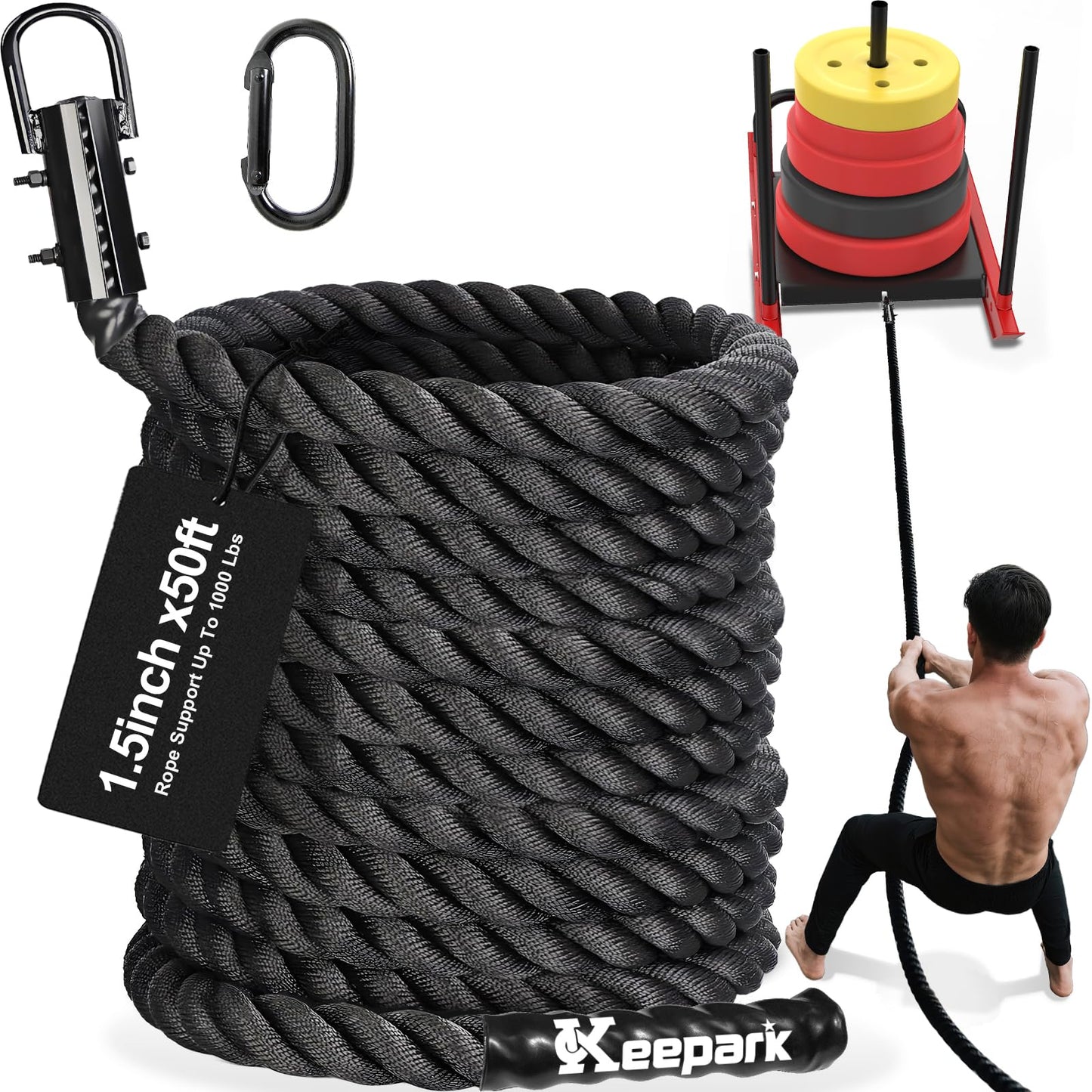 Keepark Weight Workout Sled Pulling Rope - Heavy Duty Workout Rope for Weight Sled, Tire Drag, Football Training - Fitness Resistance Exercise Equipment for Men & Women - 1.5 Inch x 50FT