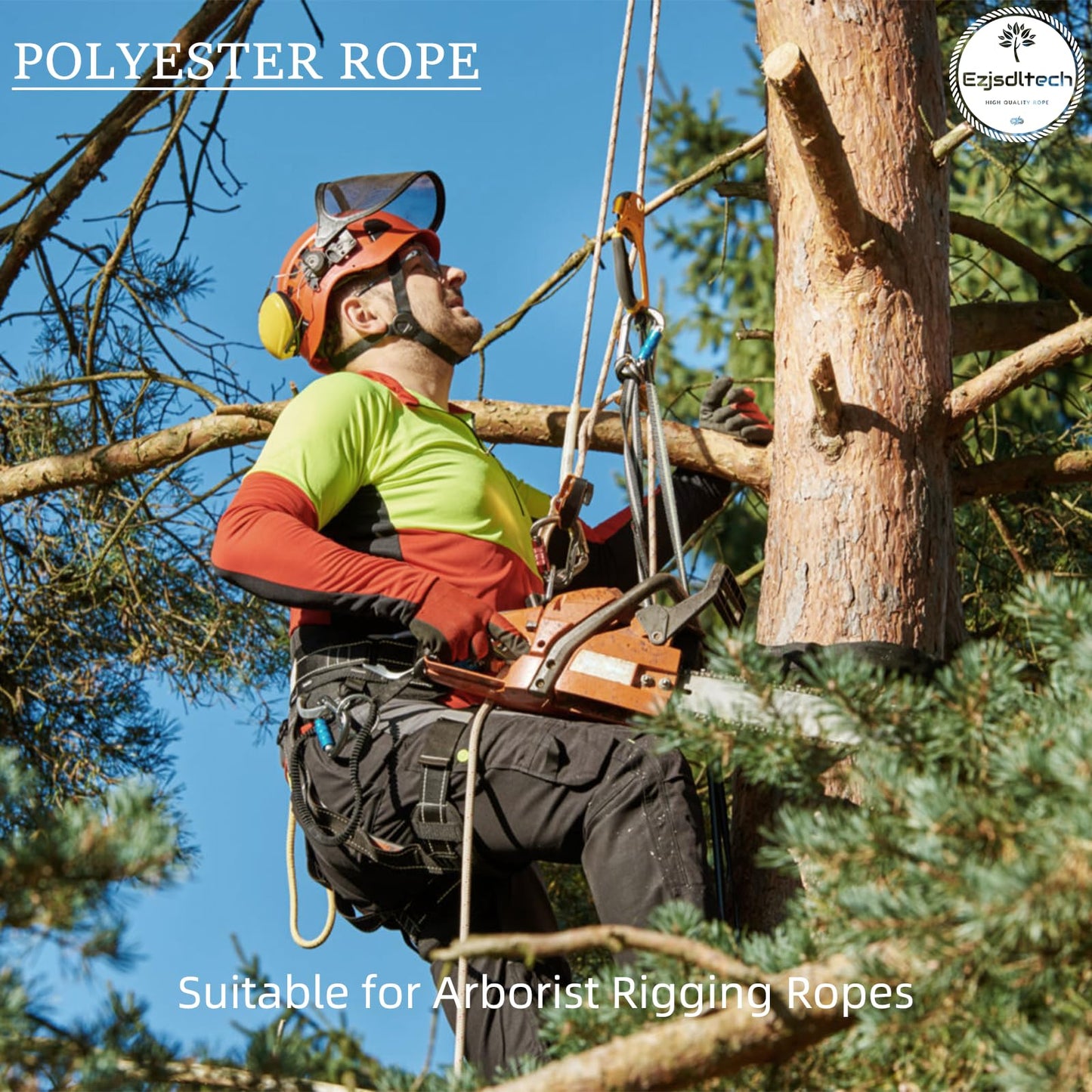Ezjsdltech 1/2 in x 50 ft Polyester Arborist Rigging Rope, Yellow Braided Tree Climbing Rope 48 Strands for Farm Work and Swinging