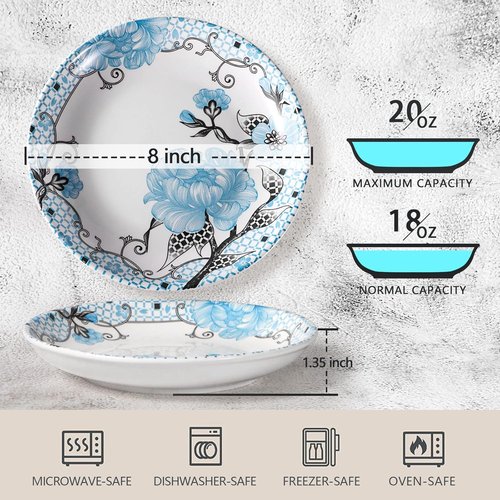 Artena Pasta Bowls Set - 20oz Porcelain Salad Bowls | 8-Inch Colorful Dinner Plates in Blue Peony