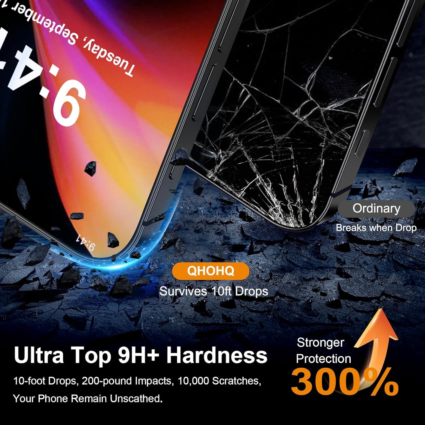 16 9H+ [3+3 Pack] QHOHQ for iPhone Pro Screen Protector with Camera Lens Protector, [Military Grade Shatterproof], Top