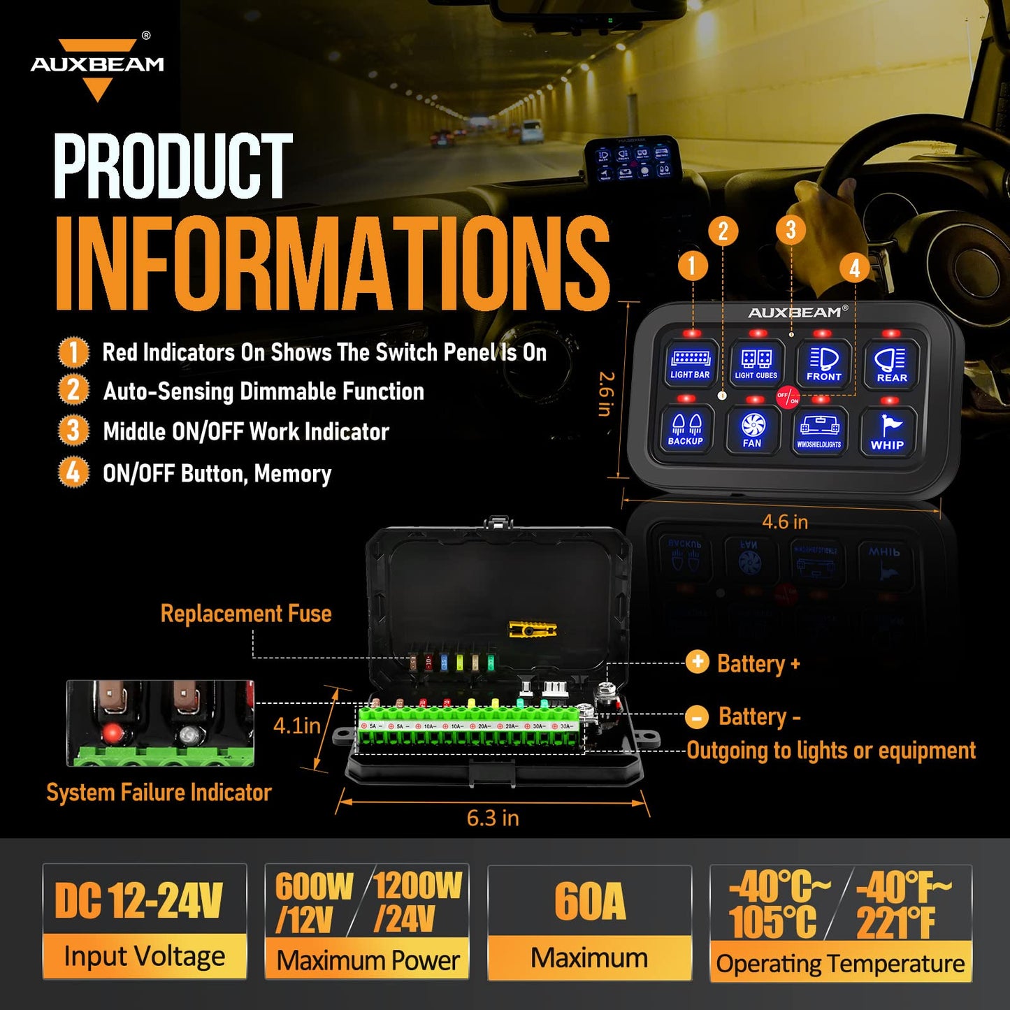 Auxbeam 8 Gang Switch Panel BA80 Automatic Dimmable LED Touch Control Panel Box Electronic Relay System Car Touch Switch Box Universal for Truck ATV UTV Boat Marine SUV Caravan -Blue, 3 Years Warranty