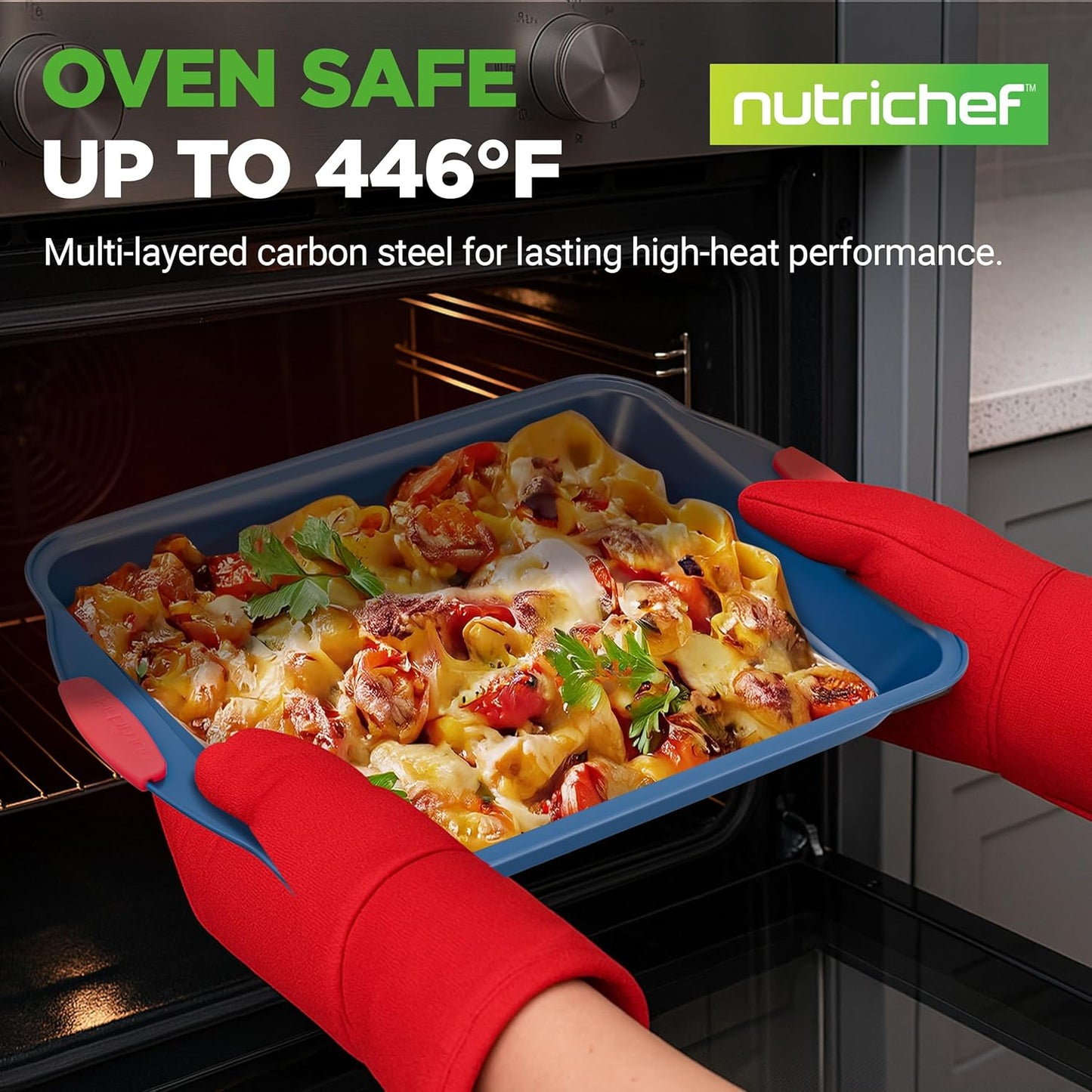 NutriChef 10-Piece Nonstick Bakeware Set - Premium Carbon Steel Pans with Silicone Handles | Includes Pizza Tray, Muffin Pans, Cookie Sheets & More - Blue