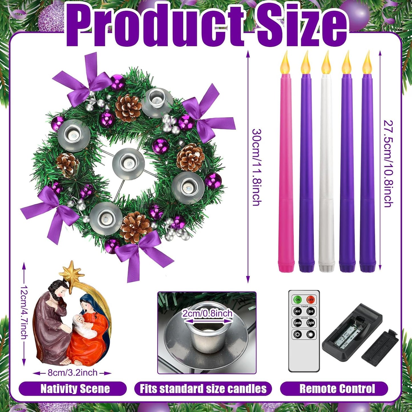 Tioncy 12-Inch Christmas Advent Wreath - Flameless Candle Holder with Remote Control & Berries Decor