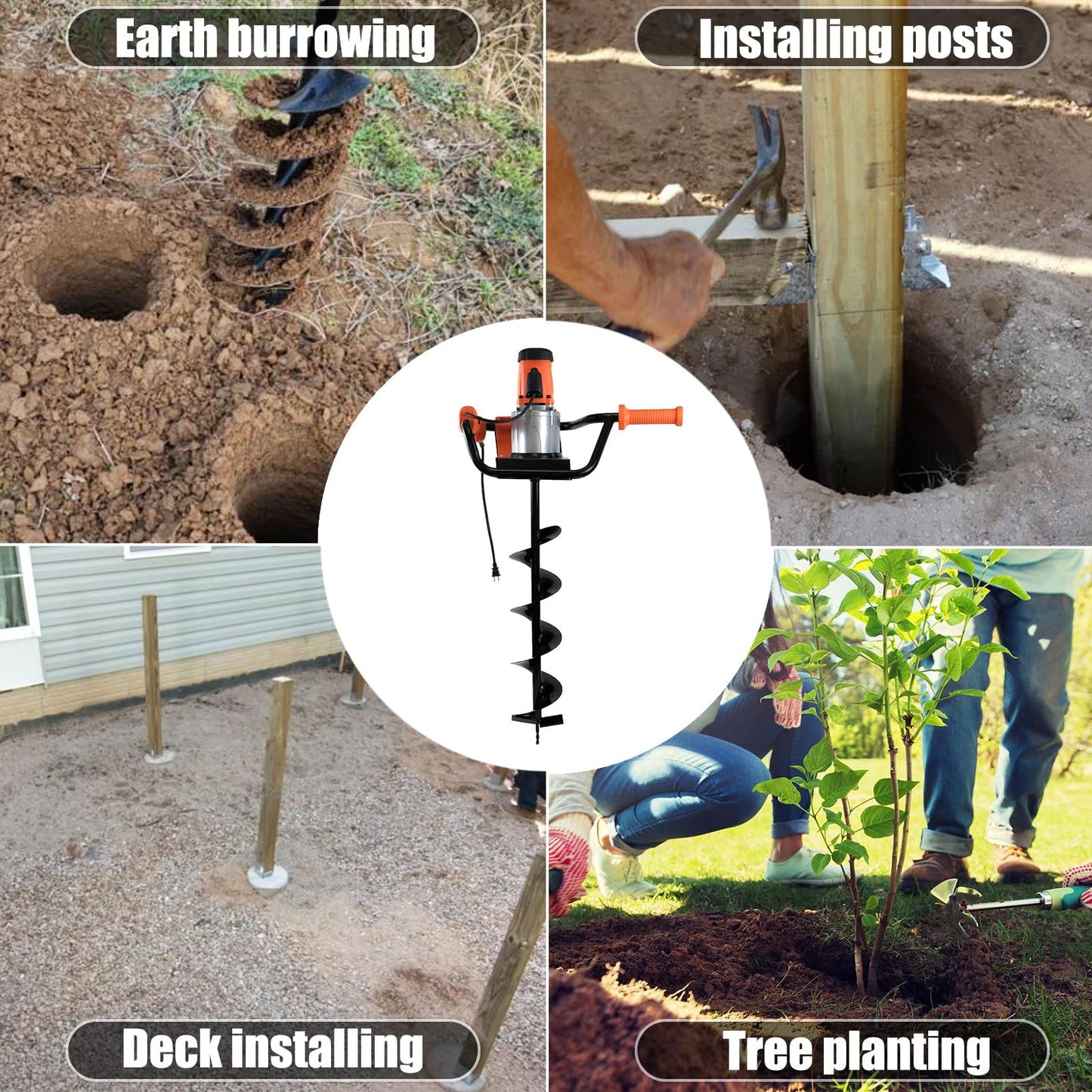 HIGOSPRO 1500W Electric Post-Hole Digger, 6-Inch & 4-Inch Auger Bit Earth Auger, Ideal for Post Hole Digging, Drilling, Tree Planting（No Bag）