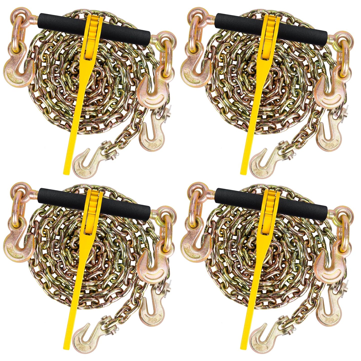 Lechansen 5/16"-3/8" Chain Binders Kit 4 Set, G80 Ratchet Load Binder 5/16 to 3/8 with G80 Transport Chain 5/16 Inch × 20 Feet, G80 Clevis Grab Hook, 5,400lbs Working Load Tie Down Kit for Towing